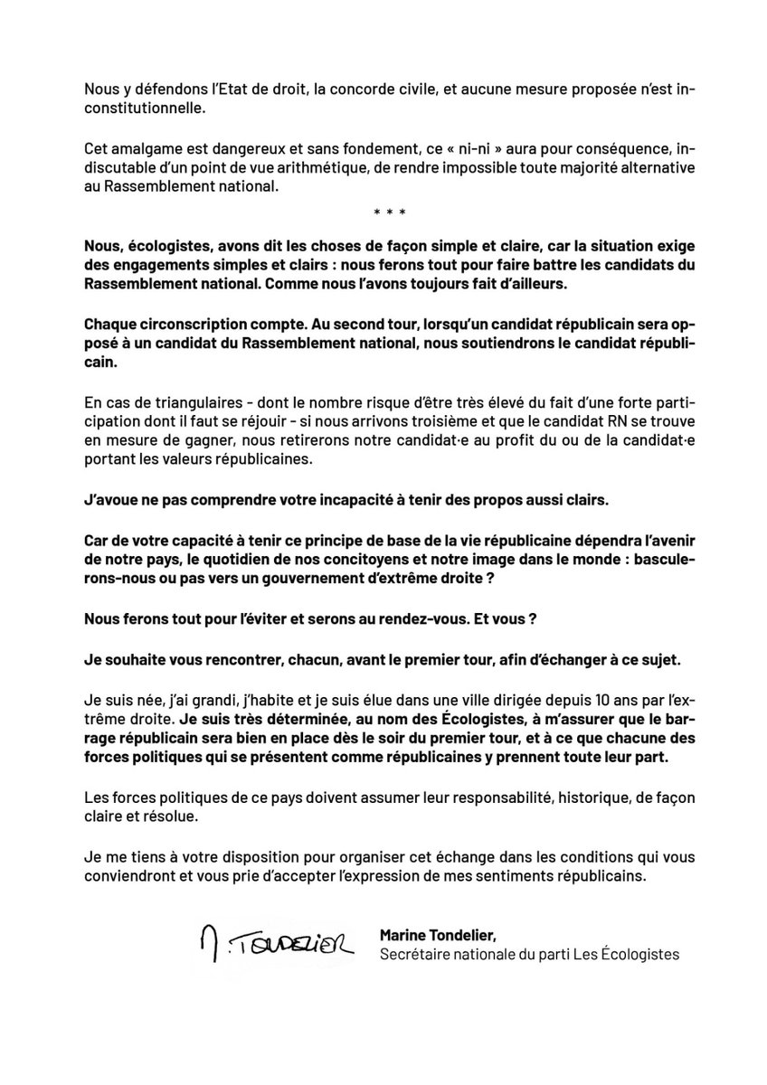 🔴✍️ Lettre aux partis politiques du centre et de la droite

Comme convenu, je sollicite auprès de mes homologues chefs de parti une rencontre en urgence pour éviter l’arrivée de l’extrême droite au pouvoir.

Nous, Écologistes, ferons tout pour l’éviter et serons au rendez-vous.