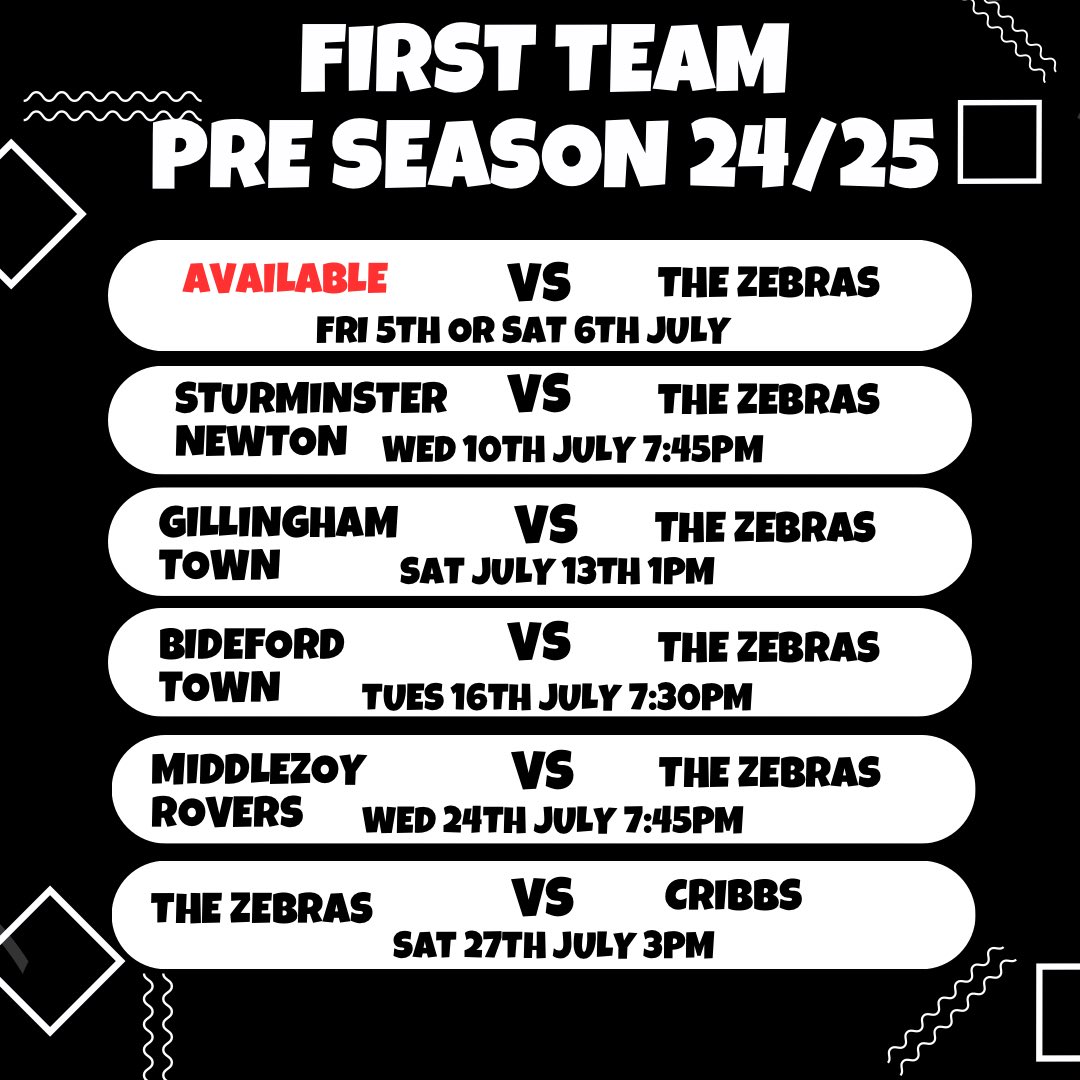 Sherborne Town FC (@sherbornetownfc) on Twitter photo We are still on the look out for an AWAY pre season game on Saturday 6th July please get in touch if you could host us #Zebras #COYZ #PreSeason <a href="/WessexLeague/">Velocity Wessex League</a> <a href="/DPL_official/">Dorset Premier Football League</a> <a href="/swpleague/">WALTER C. PARSON PENINSULA LEAGUE</a> <a href="/somersetcfl/">Somerset County FL</a> <a href="/SMSTfriendlies/">Somerset Friendlies & Refs</a> <a href="/swsportsnews/">South West Sports News</a> <a href="/sherbornetimes/">Sherborne Times</a> <a href="/NonLeagueCrowd/">Non League Crowds</a> We are still on the look out for an AWAY pre season game on Saturday 6th July please get in touch if you could host us #Zebras #COYZ #PreSeason <a href="/WessexLeague/">Velocity Wessex League</a> <a href="/DPL_official/">Dorset Premier Football League</a> <a href="/swpleague/">WALTER C. PARSON PENINSULA LEAGUE</a> <a href="/somersetcfl/">Somerset County FL</a> <a href="/SMSTfriendlies/">Somerset Friendlies & Refs</a> <a href="/swsportsnews/">South West Sports News</a> <a href="/sherbornetimes/">Sherborne Times</a> <a href="/NonLeagueCrowd/">Non League Crowds</a>