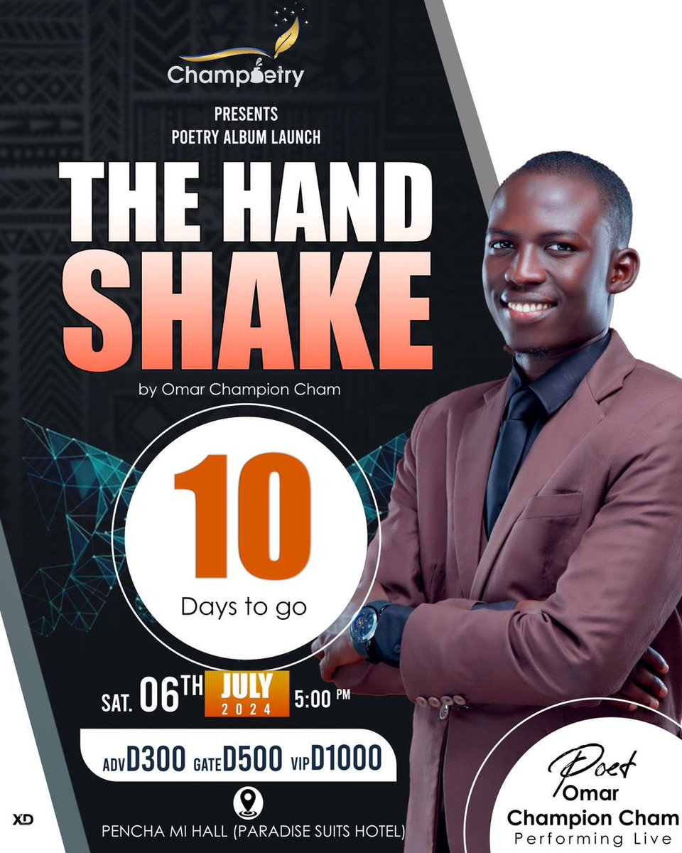 Champoetry1's tweet photo. It’s hot, hotter, hottest 🔥🤝, 🔟 days to the biggest poetry event you can ever imagine, #TheHandShake🤝. 

If you haven’t grabbed your tickets yet, you’re 10days away from an irreparable heartbreak. 

Get ready for the Pencha Mi Hall shutdown.

#July6
#PenchaMiHall https://t.co/HW4S7ghfqL