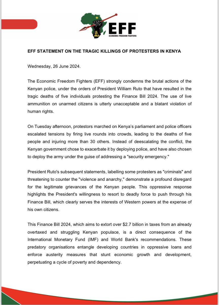 EFFSouthAfrica's tweet photo. The EFF’s Statement on the Tragic Killings of Protesters in Kenya

- This oppressive response highlights the President's willingness to resort to deadly force to push through his Finance Bill, which clearly serves the interests of Western powers at the expense of his own citizens.