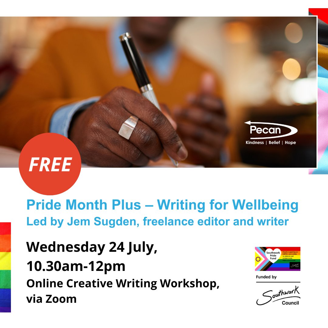 Pecan (@pecan121a) on Twitter photo Pride Month Plus – Online Writing for Wellbeing | Wed 24 July, 10.30am-12pm. A FREE writing workshop online for gay men interested in using creative writing to think about their own story/experiences for fiction or memoir. Sign up > bit.ly/Pecan_Pride or together@pecan.org Pride Month Plus – Online Writing for Wellbeing | Wed 24 July, 10.30am-12pm. A FREE writing workshop online for gay men interested in using creative writing to think about their own story/experiences for fiction or memoir. Sign up > bit.ly/Pecan_Pride or together@pecan.org