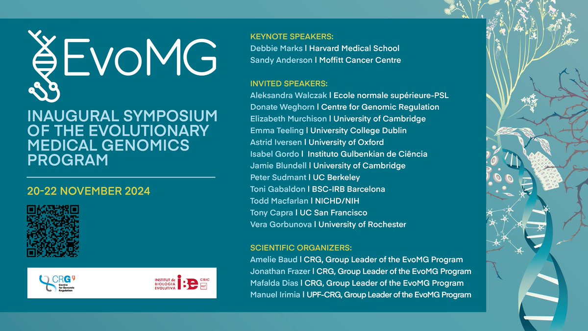 CRGenomica's tweet photo. 💥Inaugural Symposium of the Evolutionary Medical Genomics Program

Great line-up of speakers covering a wide range of topics, all of which share an evolutionary approach to understanding and/or tackling human disease,

More info and registration : https://t.co/pOm53ciys5 https://t.co/EdmWwKXAC8