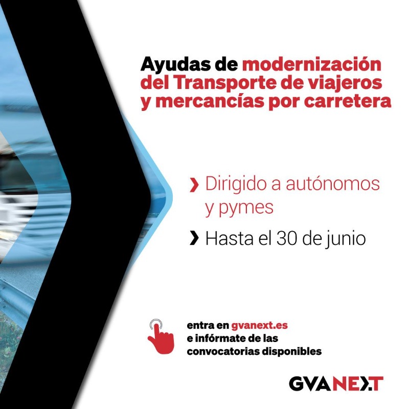 generalitat's tweet photo. Últims dies‼

📑 Convocatòria d'ajudes per a la modernització del transport de viatgers 🚌 i mercaderies 🚚 per carretera 

👉 Dirigides a autònoms i pimes

🔚 Termini de sol·licitud acaba demà, 30 de juny

#GVANEXT #NextGenerationEU #PRTR