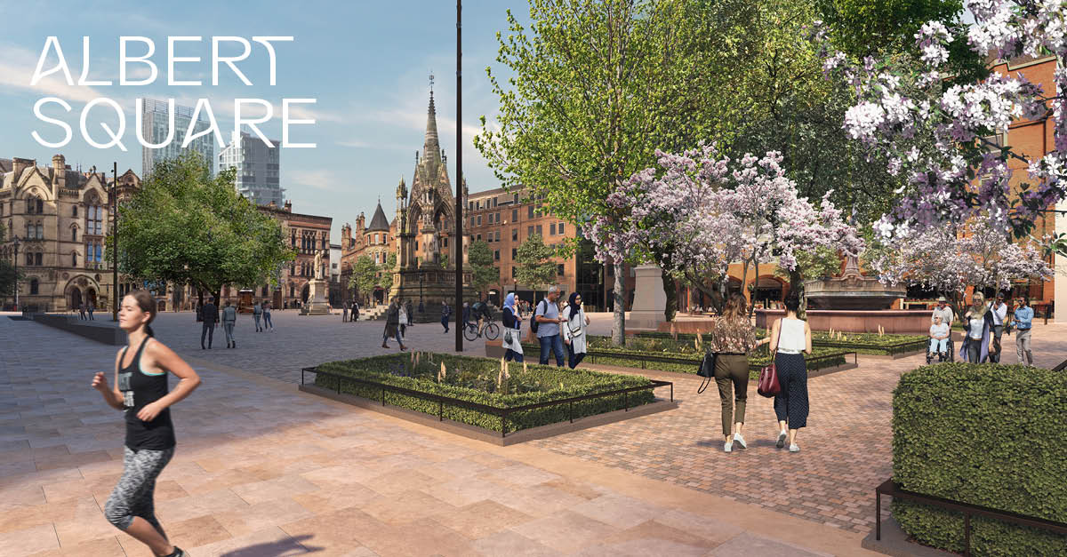 Albert Sq update 3 – Addition of gorgeous pocket gardens to Manchester Town Hall. Low-level planting beds incorporating a diverse variety of herbaceous perennials and bulbs will provide year-round colour and a peaceful place to sit, whilst attracting pollinators such as honeybees