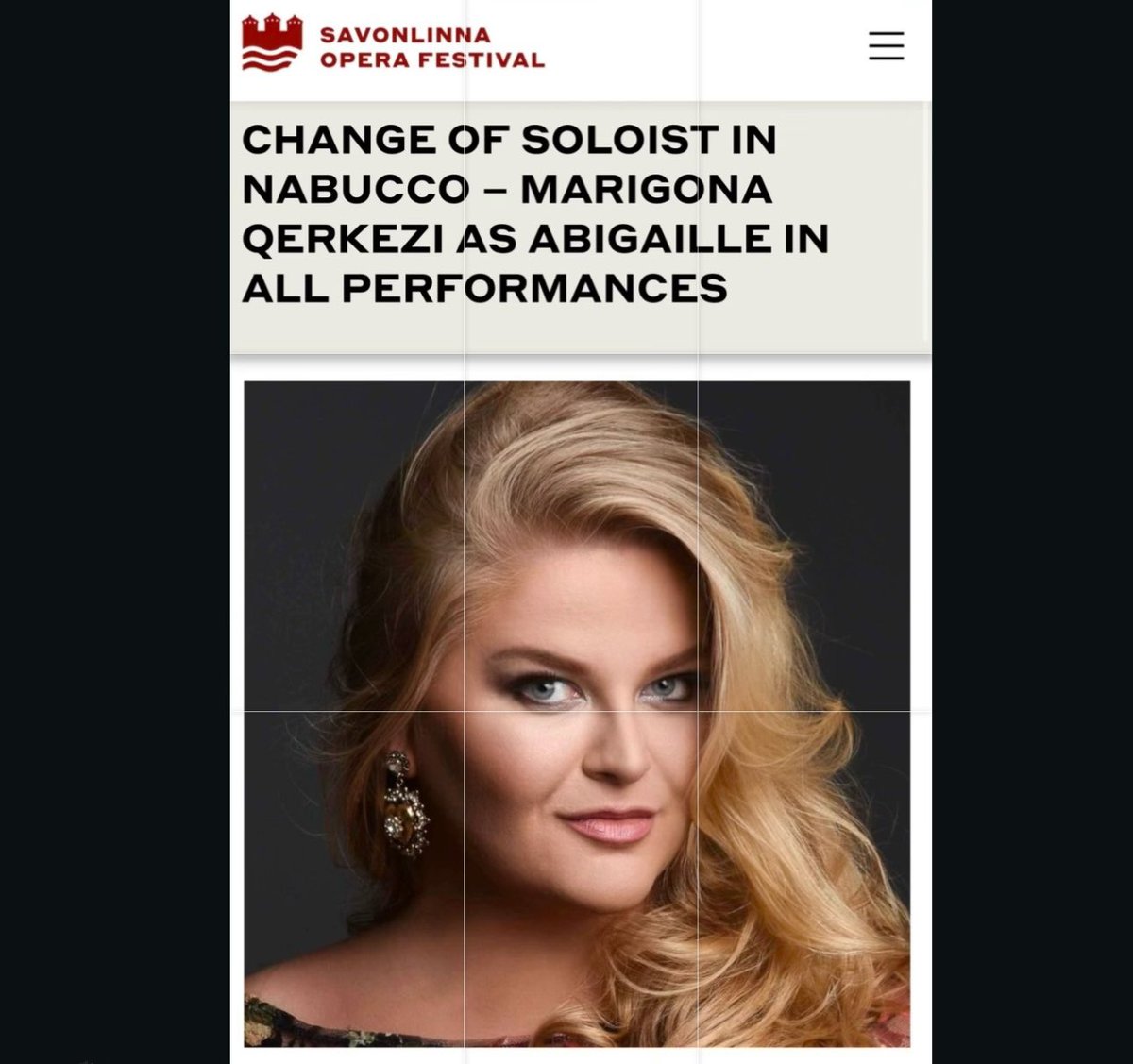 MarigonaQerkezi's tweet image. I am thrilled to announce that I’ll be performing on all the dates as #Abigaille in Giuseppe Verdi’s ‘Nabucco’ in a new production at the prestigious Savonlinna Opera Festival on : 6th, 8th, 11th, 16th, 19th, 22nd, 24th, and 26th of July. 

More info ⬇️
operafestival.fi/en/ohjelmisto/…