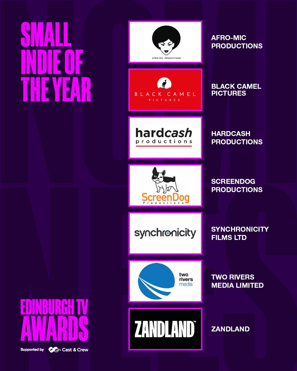 Small Indie of the Year Nominees:

📽️ Afro-Mic Productions
📽️ Black Camel Pictures
📽️ Hardcash Productions
📽️ ScreenDog Productions
📽️ Synchronicity Films Ltd
📽️ Two Rivers Media Limited
📽️ Zandland