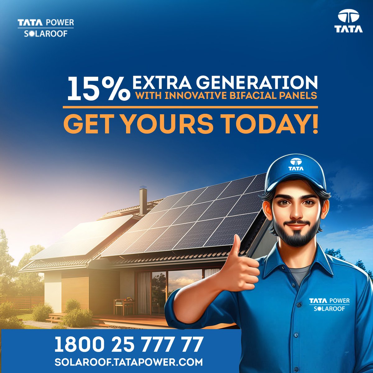 TataPower's tweet photo. Embrace the future! ☀️

Tata Power Solaroof helps you achieve energy independence with clean, sustainable solar power. Get 15% MORE generation with our innovative Bifacial Panels!

Switch today! https://t.co/xHaKo2QXof

#TataPower #Solaroof #EnergyIndependence #SustainableLiving #BifacialPanels #GreenEnergy