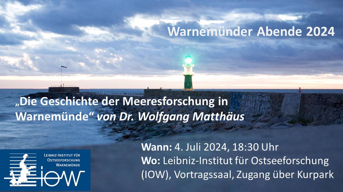 #VERANSTALTUNGSTIPP‼️
Endlich: Es gibt wieder #WarnemünderAbende <a href="/Ostseeforschung/">Leibniz_IOW</a>❗️IOW-Forschende präsentieren Aktuelles aus ihrer Forschung für Jedermann. Auftakt: Ein Blick auf über 6 Forschungsjahrzehnte am Standort Warnemünde. Eintritt frei.
Mehr Info: tinyurl.com/yx8z9tbh