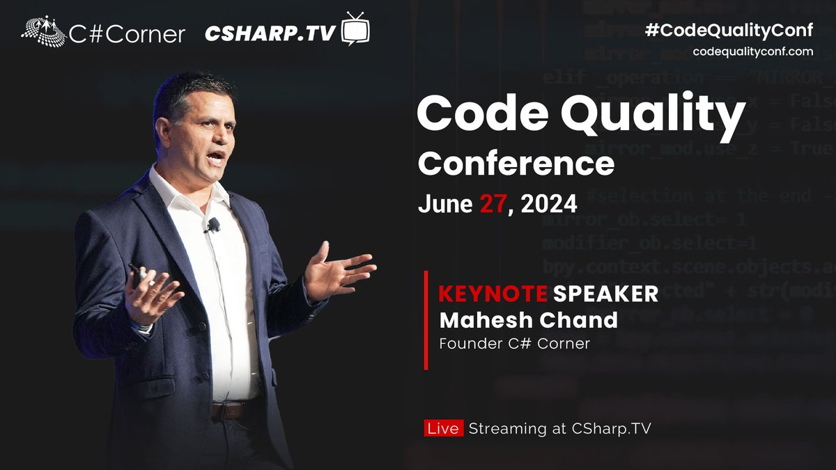 CSharpDotTV's tweet image. Join @mcbeniwal, tomorrow at #CodeQualityConf - 2024! Don’t miss his #Keynote session on the Power of AI and Code Quality and Performance.

Register now: codequalityconf.com

#CodeQuality #BestPractices #Developers #TechTalk #Coding #TechCommunity #AI
