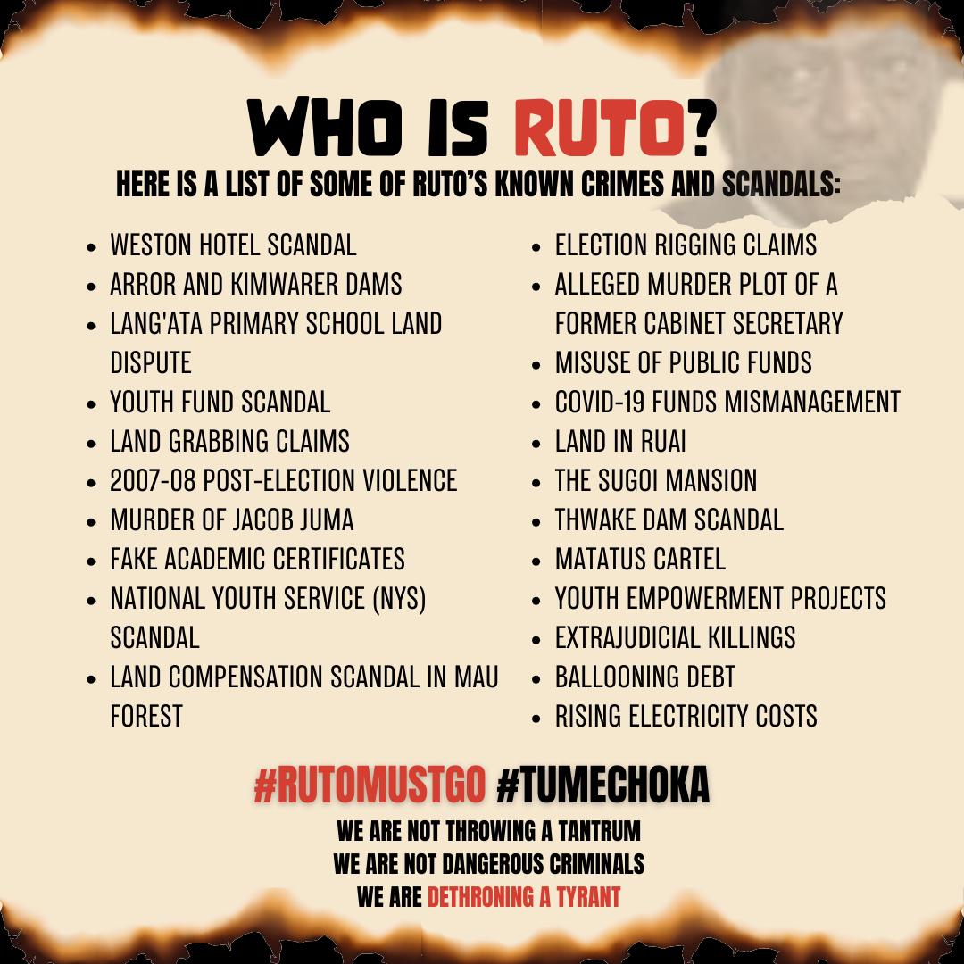 Gitz__'s tweet photo. Crimes Ruto has commited. We don't forget. 

#RejectFinanceBill2024 https://t.co/lfB1fQVxZ0