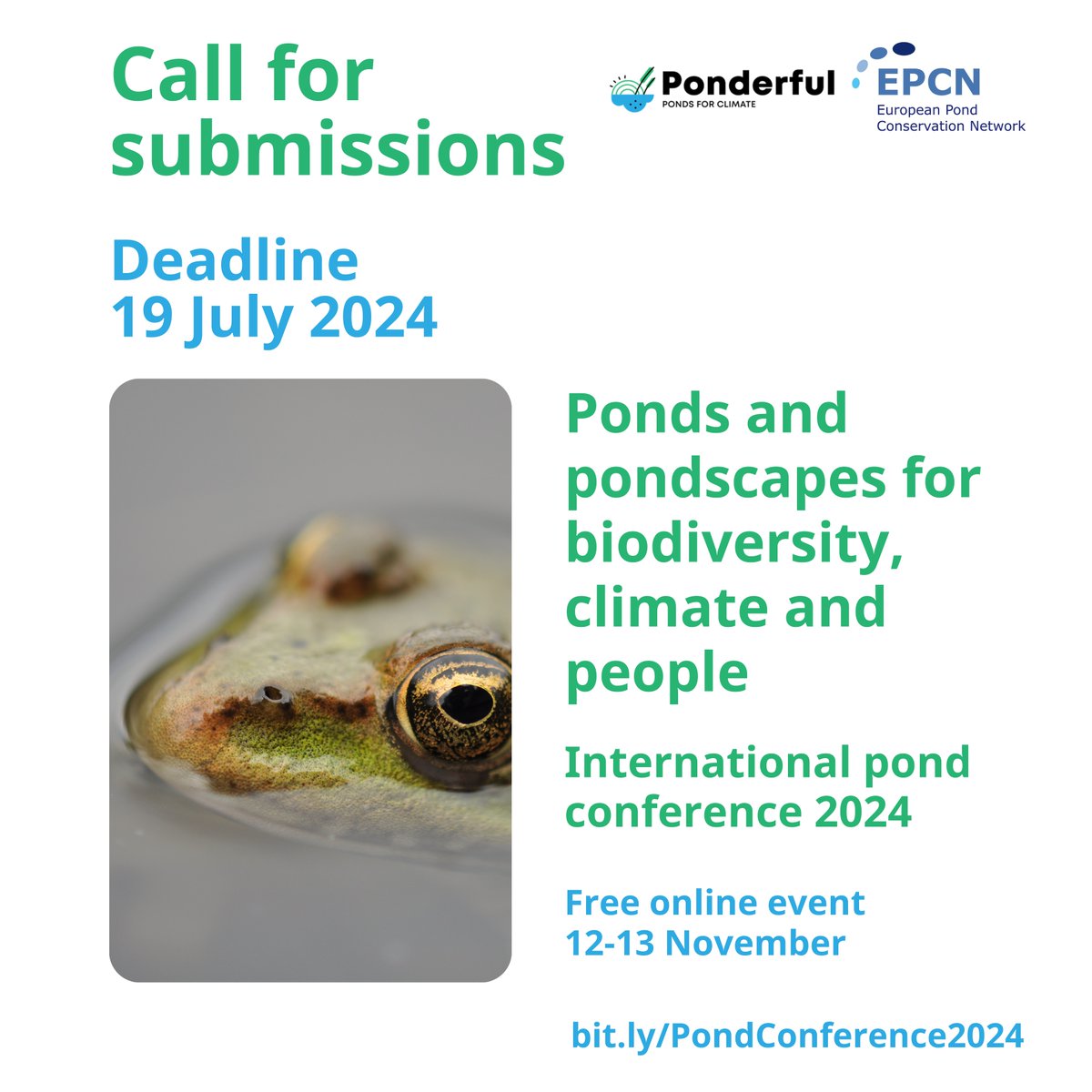 📢 We are now inviting proposals for talks and posters for the conference: 'Ponds and pondscapes for biodiversity, climate and people', organised by #PONDERFUL and <a href="/europeanponds/">EPCN</a>.

Conference themes and abstract submissions 
👉bit.ly/PondConference…