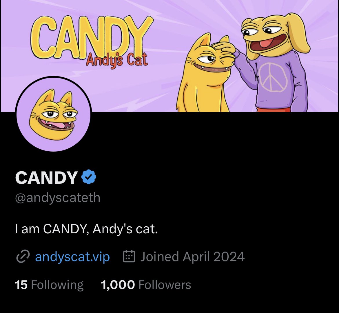 Congrats $CANDY gang 💪🏻🥳

We just crossed 1000 followers 😼

This cat is coming back with the full charge 🔋

#0x68  #MemeCommunity $ANDY