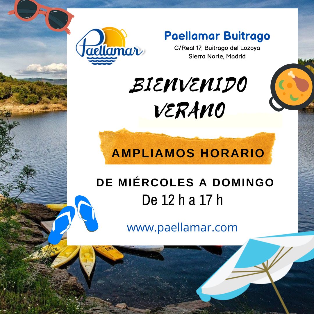 Llega el verano Sierra Norte Madrid. En #Paellamarbuitrago ampliamos horario. D miércoles a domingo e 12 a 17 h. Paellas completas para llevar, raciones take away, menú para comer en el local, eventos ... y lo q haga falta para q disfrutes d unas vacaciones con sabor mediterráneo