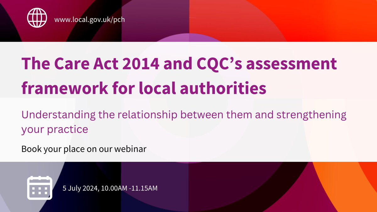 What's the link between The Care Act 2014 &amp; CQC's assessment framework for adult social care?

At our online event with @SCiE_social care, we'll go over the key terms, responsibilities and duties of the Act &amp; how it relates to CQC assessment.

Book here: lgaevents.local.gov.uk/lga/frontend/r…