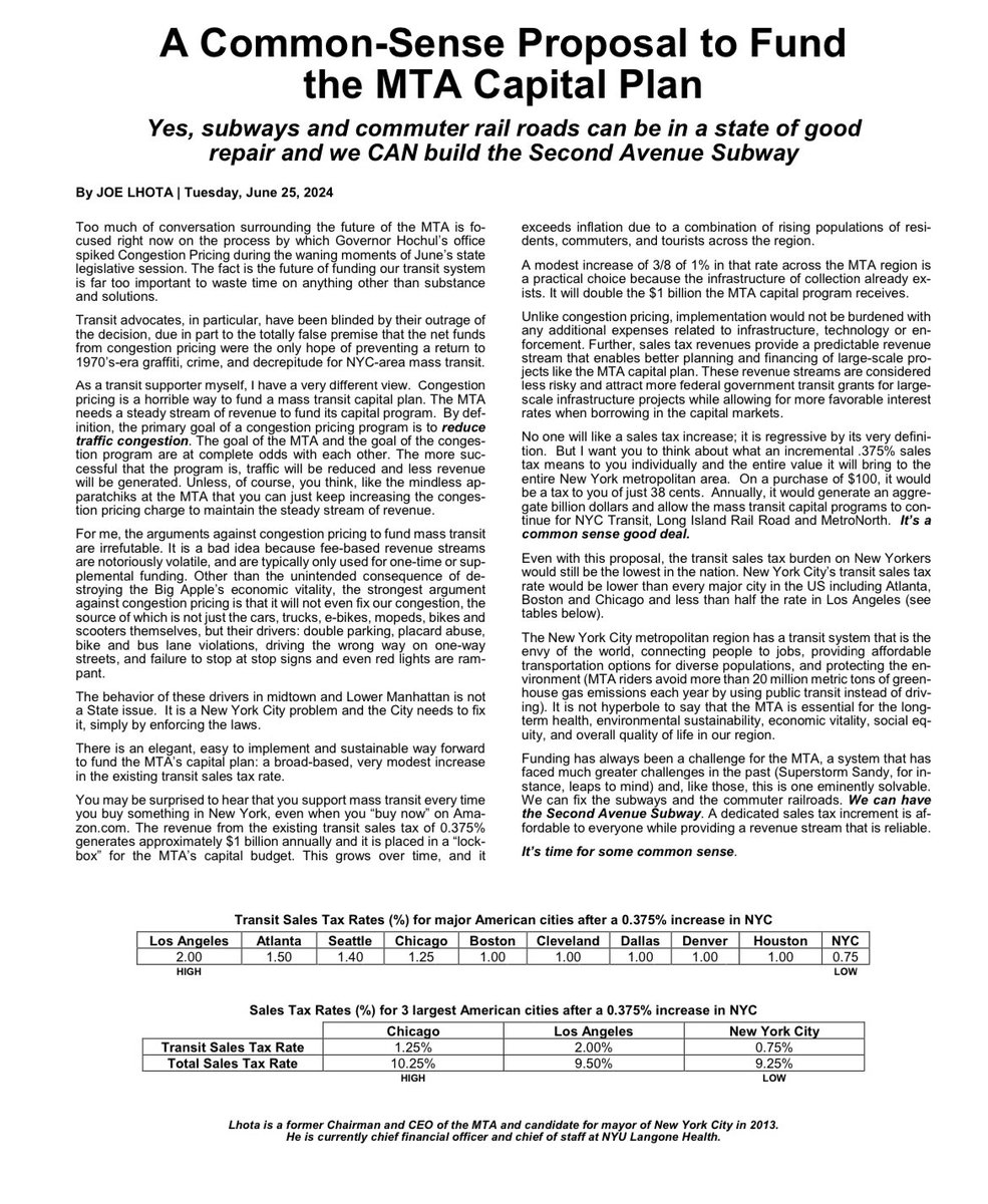 Such a common sense approach from <a href="/JoeLhota/">- ᴊᴏᴇ ʟʜᴏᴛᴀ -</a> on how to fund the MTA capital plan. Here is his original op ed, with charts, which I am posting so <a href="/GovKathyHochul/">Governor Kathy Hochul</a> et al can see how our transit sales tax rates compare with other cities.