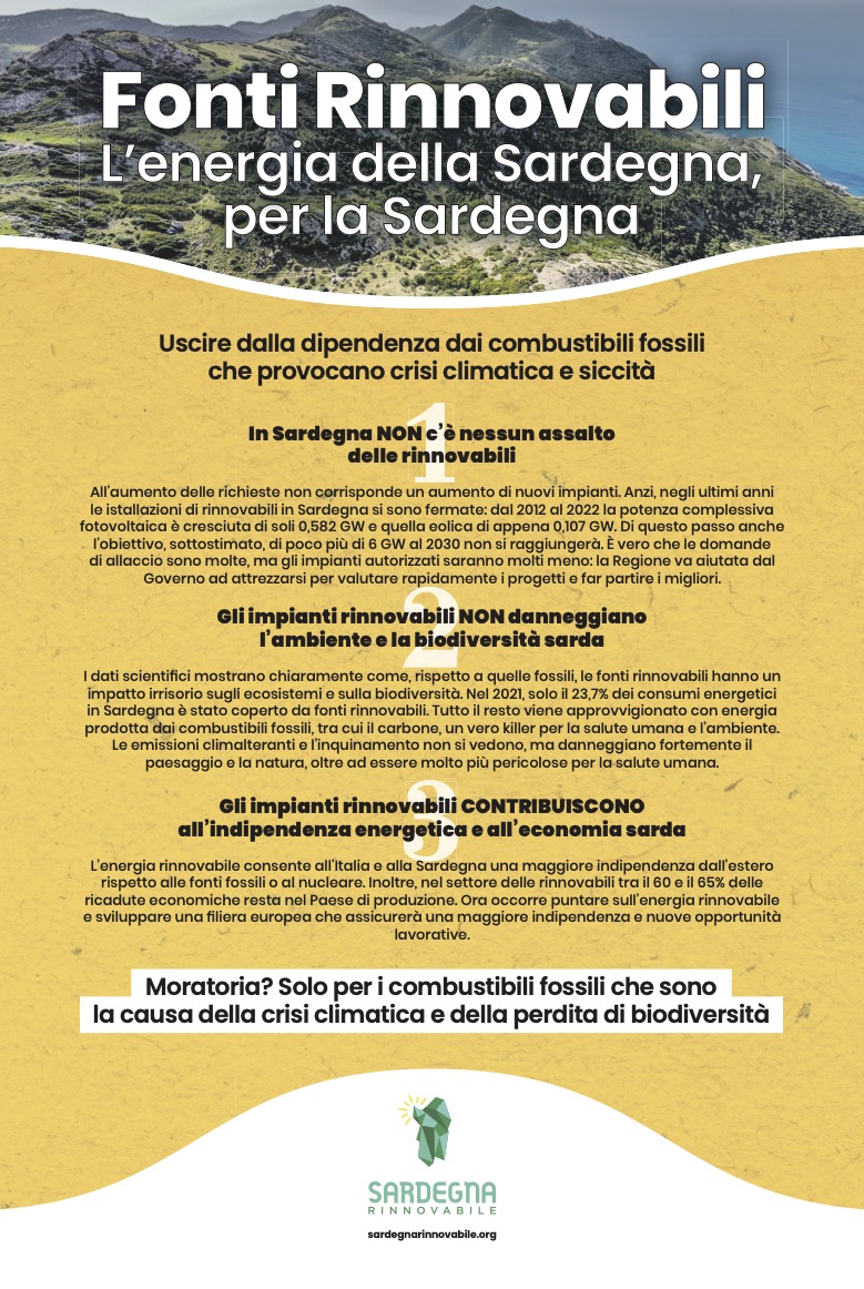 “Uscire dalla dipendenza dai combustibili fossili che provocano crisi climatica e siccità”. Sardegna Rinnovabile lancia appello per sfatare i falsi miti sulle rinnovabili.
In Sardegna nessun assalto, anzi: dal 2012 al 2022 il PV è cresciuto di soli 0,582 GW, l’eolico  0,107 GW