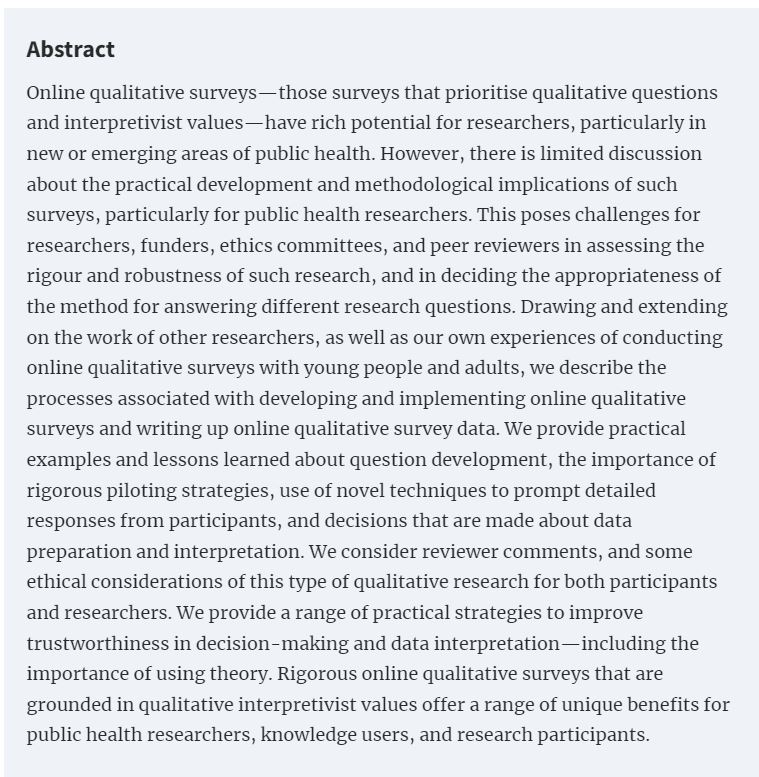 Doc_Samantha's tweet image. Absolutely brilliant to write this new paper with @MaritaHennessy @HannahLPitt @SimoneNicoleM @GraceArnot ⬇️⬇️⬇️

Using examples from our own studies we share methodological &amp;amp; practical guidance for designing and conducting online qualitative surveys. 🧵 
academic.oup.com/heapro/article…