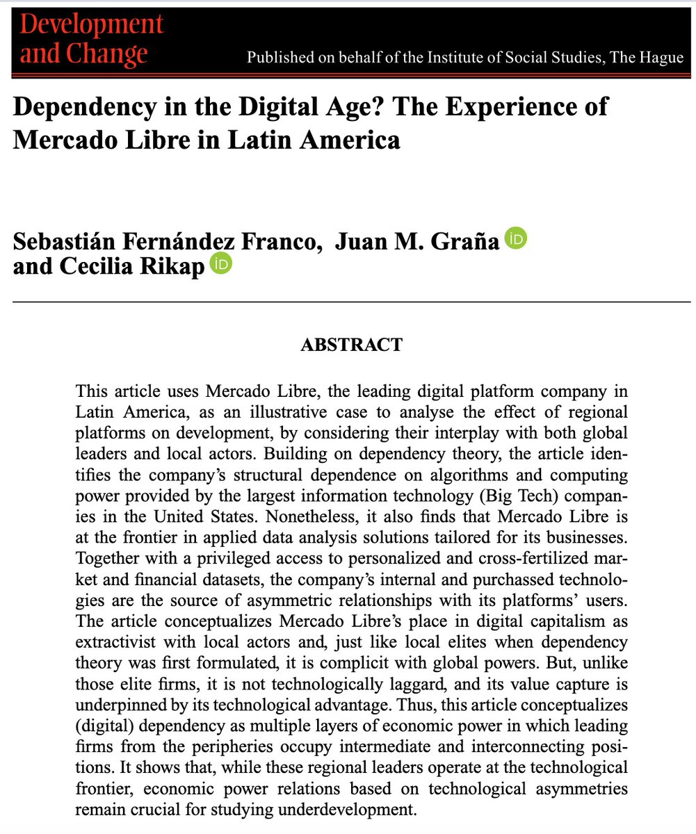 Cecilia Rikap (@ceciliarikap) on Twitter photo Pleased to share (another) published piece w/ <a href="/JuanMGrana/">Juan M. Graña 🧡💚</a> <a href="/sebiffranco/">Sebastián Franco</a>
Dependency in the Digital Age?Mercado Libre in Latin America
onlinelibrary.wiley.com/doi/10.1111/de…
(Digital) dependency as layers of economic power. Leading firms from the peripheries occupy intermediate positions
1/5 Pleased to share (another) published piece w/ <a href="/JuanMGrana/">Juan M. Graña 🧡💚</a> <a href="/sebiffranco/">Sebastián Franco</a>
Dependency in the Digital Age?Mercado Libre in Latin America
onlinelibrary.wiley.com/doi/10.1111/de…
(Digital) dependency as layers of economic power. Leading firms from the peripheries occupy intermediate positions
1/5