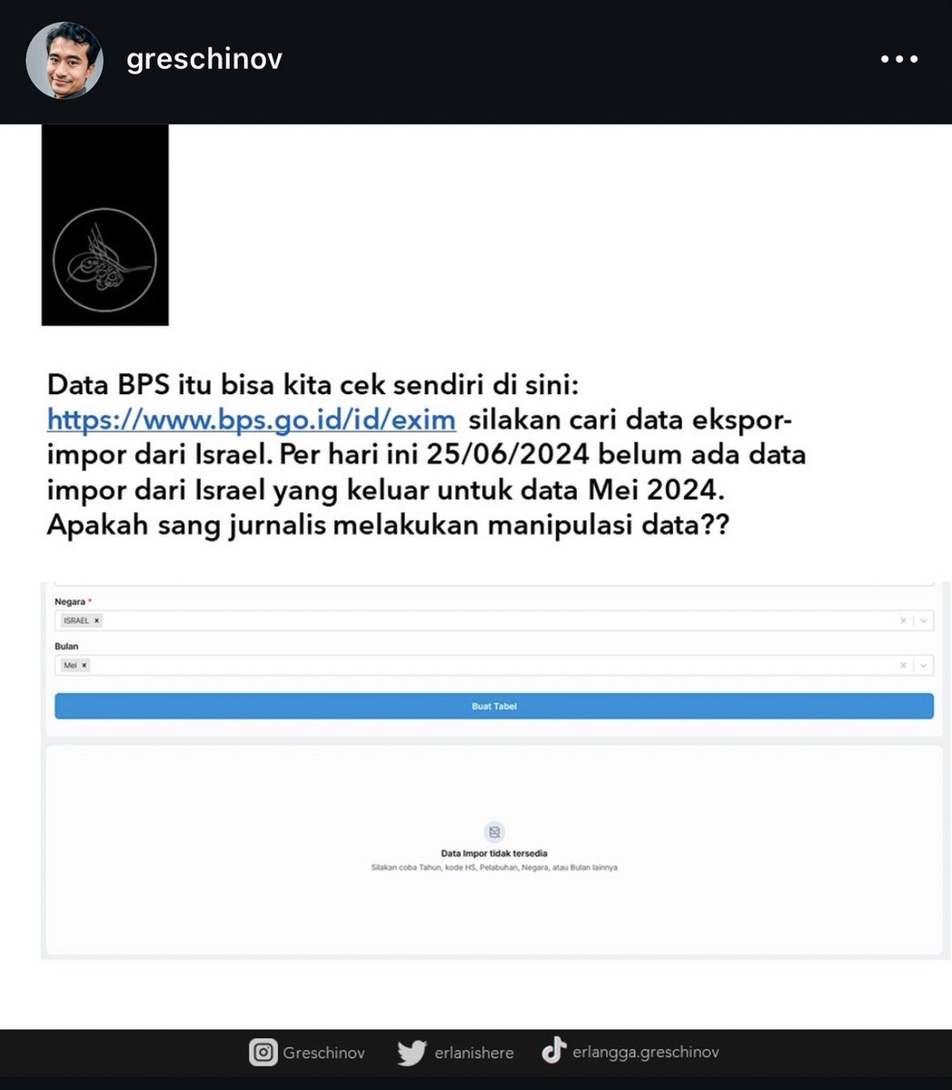 mazzini_gsp's tweet photo. Respect dengan semangat gerakan Mas Greschinov yg aktif bela Palestina, tapi tindakan doxxing dan menuduh jurnalis sbg zionis yg memalsukan data yg dimuat itu beneran ngaco mas.
@erlanishere, yang anda doxxing dan anda tuduh zionis pesek itu kawan saya sesama jurnalis walau beda kantor.
Ni Luh pro-Palestina juga, gak pernah dia pro-Israel. Data yang ada di berita itu berdasarkan data dari BPS.

Pertama, karena anda udah cari di web gak ada datanya dan anda gak bisa akses rician ke BPS, bukan berarti Ni Luh dapat data itu hasil dari wangsit, mas @erlanishere 
Itu data dari BPS, anda gak percaya karena datanya gak ada di web BPS, memang gak semua ditampilkan di web mereka. 

Ke dua, kendala anda @erlanishere gak bisa akses data tersebut karena profesi anda bukan jurnalis seperti Ni Luh. Untuk rincian data yg gak ada di web umum, jurnalis boleh banget minta langsung ke instansi. Hal ini lah menyebabkan BPS mau membagikan data mereka ke Ni Luh untuk keperluan jurnalistik. 
Perbedaan data ini seharusnya anda tanyakan ke BPS data yg dimuat di berita itu valid atau gak, bukan malah ngedoxxing jurnalisnya.