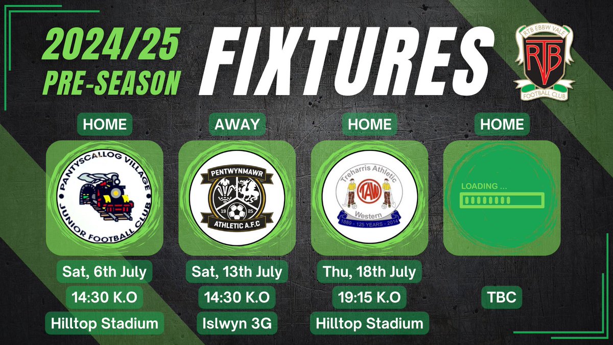 RTB Ebbw Vale Football Club (@rtbebbwvalefc) on Twitter photo With the pre-season underway, it's time to see what's coming up... #savethedates
<a href="/pantVJFC/">Pant VJFC</a>
<a href="/pentwynmawrafc/">Pentwynmawr Athletic AFC</a>
<a href="/TreharrisAthFC/">Treharris Ath FC</a>
#preseason #football #fixtures #rtb #ebbwvale #gwent #wales With the pre-season underway, it's time to see what's coming up... #savethedates
<a href="/pantVJFC/">Pant VJFC</a>
<a href="/pentwynmawrafc/">Pentwynmawr Athletic AFC</a>
<a href="/TreharrisAthFC/">Treharris Ath FC</a>
#preseason #football #fixtures #rtb #ebbwvale #gwent #wales