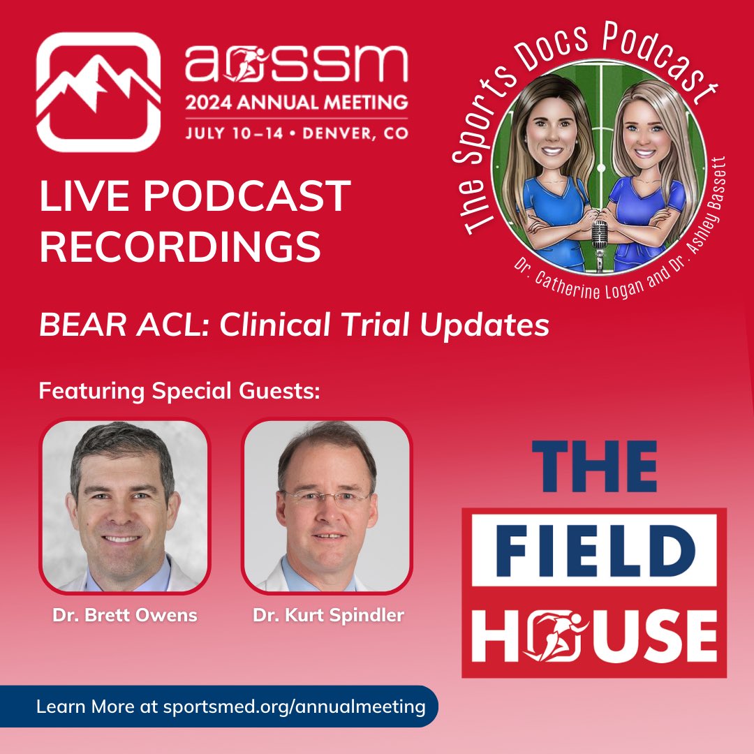 Stop by the Field House at the <a href="/aossm1972/">AOSSM</a> Annual Meeting Thursday, July 11th 11:00-11:30AM to see us record our episode “BEAR ACL: Clinical Trial Updates” LIVE with <a href="/BrettOwensMD/">Brett Owens</a> and Dr. Kurt Spindler! <a href="/MiachOrtho/">Miach Orthopaedics, Inc.</a> <a href="/AshleyBassettMD/">Dr. Ashley J. Bassett</a> <a href="/cloganmd/">Catherine Logan, MD, MBA</a> #AOSSM2024
