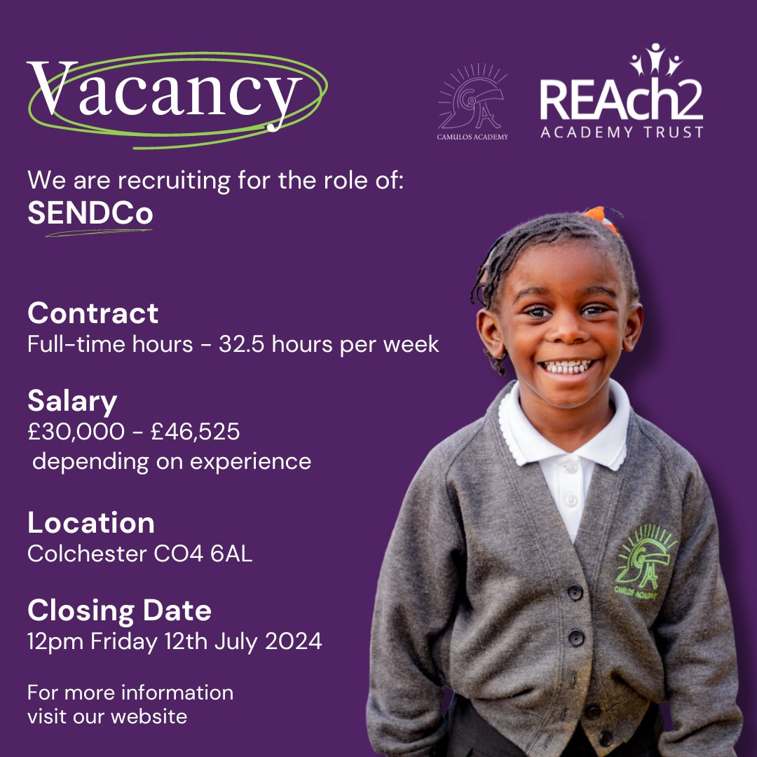Careers with REAch2 (@reach2jobs) on Twitter photo We're looking for a SENDCo to join our team <a href="/CamulosAcademy/">Camulos Academy</a>
Find out more, and apply here 👉on.reach2.org/q2a We're looking for a SENDCo to join our team <a href="/CamulosAcademy/">Camulos Academy</a>
Find out more, and apply here 👉on.reach2.org/q2a