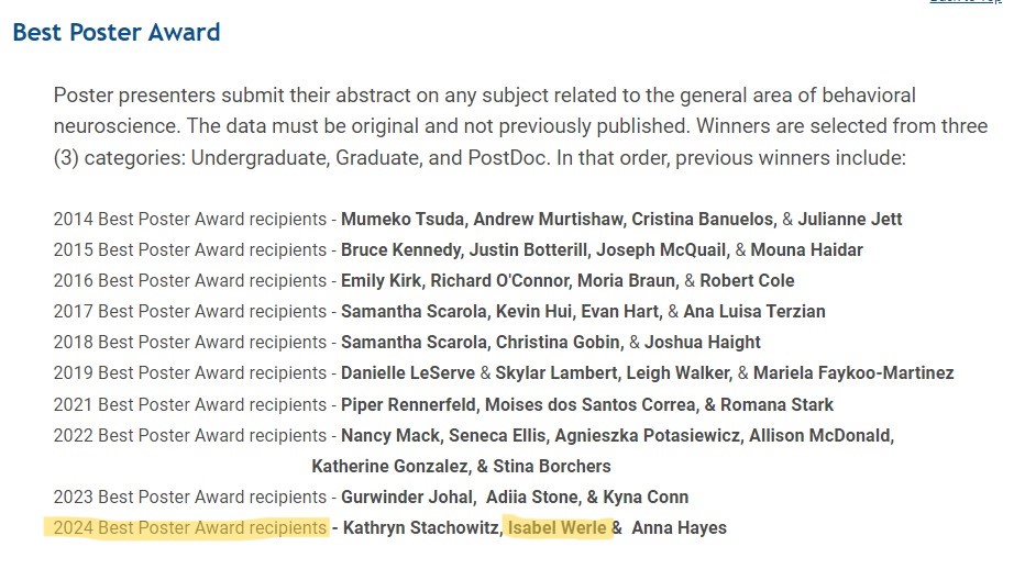 🥇Isabel Werle <a href="/Isabeus_/">Isabel Werle (@isabel-werle.bsky.social)</a> , doutoranda no <a href="/bertogliolab/">Bertoglio lab (FMC/UFSC)</a>, conquistou o prêmio de melhor pôster no Congresso da IBNS@IBNSconnect na categoria pós-graduando. Parabéns por mais essa conquista, Isabel! Agradecimentos à <a href="/IBROorg/">IBRO - International Brain Research Organization</a>, @farmacoufsc, @ufsc e <a href="/CNPq_Oficial/">CNPq</a> pelo apoio!