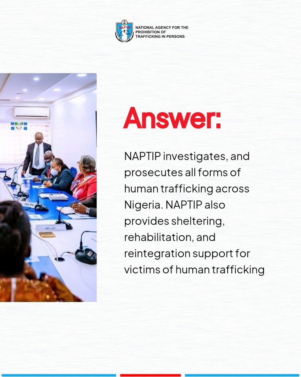 naptipnigeria's tweet image. Curious about how NAPTIP fights human trafficking? Check out this post to understand our functions.

Get to know NAPTIP better! Stay up to date with this Q and A series to learn more about what we do and how YOU too can get involved!

RT to spread awareness!

#naptipnigeria