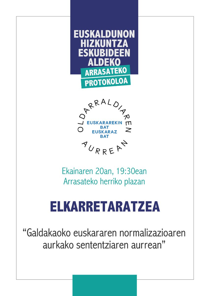 Beste eraso judizial bat euskararen kontra! 
Oraingoan, Galdakaoko udalaren hizkuntza politika baliogabetu nahi duen sententzia baten bidez.
Atera gaitezen kalera erasoa salatzera eta euskaraz bizitzeko eskubidea aldarrikatzera.

📅 Ekainak 20
⏰️ 19:30
📌 Herriko plazan