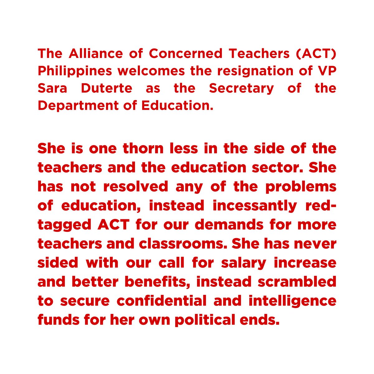 thecitypostph's tweet photo. ACT statement on Sara Duterte Resignation as DepEd Secretary
📷 via Alliance of Concerned Teachers | Facebook
READ MORE: https://t.co/8ddkHoDH9G
#thecitypost
#statement
#SaraDuterte
#DepEdMATATAG https://t.co/kB9Ole92qb