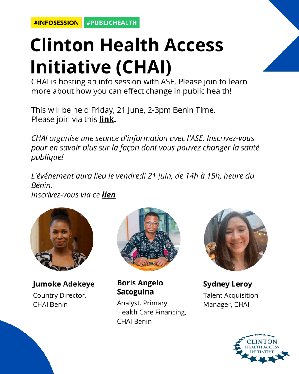 ASEBenin's tweet photo. We are excited to have the @CHAI_Health team speaking with our students this Friday, 21st June 2024.

There is a lot they have on the table to share with us, and we can't wait to have them 🙌

ASE students and alumni, you don't want to miss this! https://t.co/aI7b4S2IaO