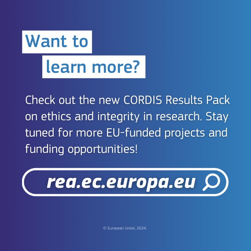 REA_research's tweet photo. New technologies = new ethical dilemmas for researchers. 

Researchers must consider the societal impacts &amp; potential misuse of technology to ensure high-quality science 🏅 

Explore 8 #HorizonEU projects in this new @CORDIS_EU Results Pack that are addressing ethics in research.
