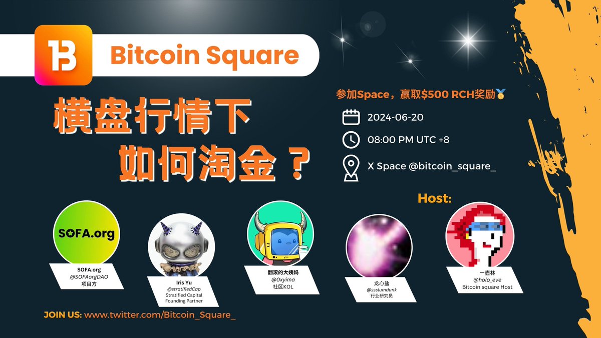 🎙️横盘行情下，如何淘金？ 
🔗x.com/i/spaces/1zqKV…
山寨季还会不会来，如何捕捉alpha
参加Space，一起赢取$500 RCH奖励🏅

✨嘉宾： 
<a href="/SOFAorgDAO/">SOFA.org</a>
<a href="/StratifiedCap/">Stratified Capital</a>
@0xyima
<a href="/ssslumdunk/">龙心盐</a>
 
✨比特广场主持人：
<a href="/holo_eve/">一壶林</a>

各位明天6月20日晚8点见！