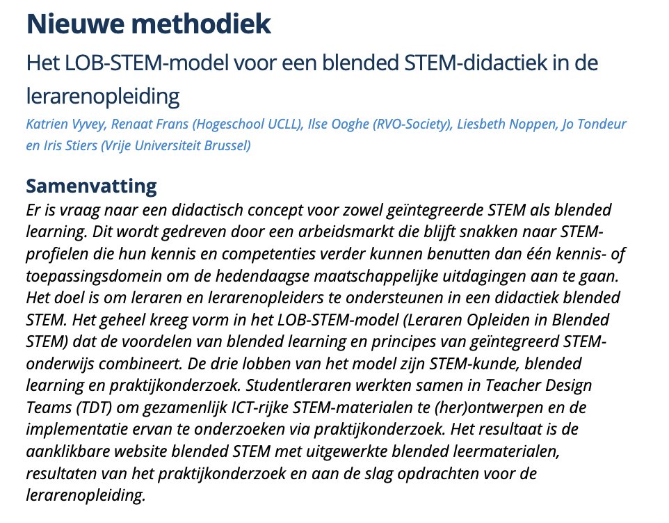 Geïnteresseerd in Blended #STEM #onderwijs? 
Lees dan zeker het pas verschenen artikel voor het themanummer '#Innovatie in de #Lerarenopleiding' in het Tijdschrift voor Lerarenopleiders &gt;&gt;&gt; researchgate.net/publication/38…

+ website: rvo-eclassroom.be/brightlab/blen…

#VUB #UCLL #edtech #online