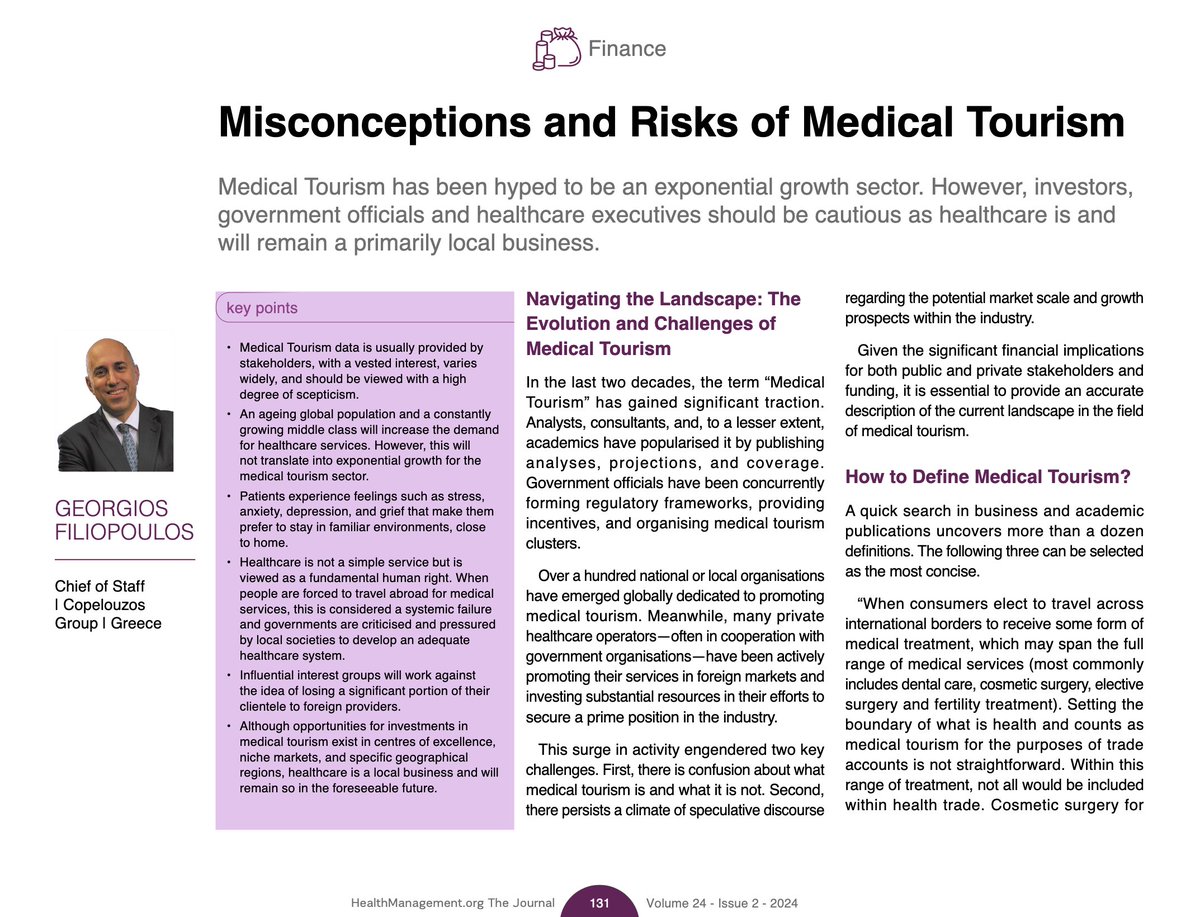#MedicalTourism has been hyped to be an exponential growth sector. However, investors, government officials and healthcare executives should be cautious as healthcare is and will remain a primarily local business.
Read the article by Georgios Filiopoulos iii.hm/1qwz