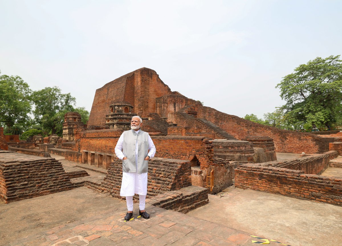 BJP4India's tweet photo. "Nalanda is more than just a name; it's a mantra, an identity, a declaration that books get destroyed in fires, knowledge persists..."

PM Shri @narendramodi visited the excavated remains of the Nalanda University in Bihar.

Visuals👇
