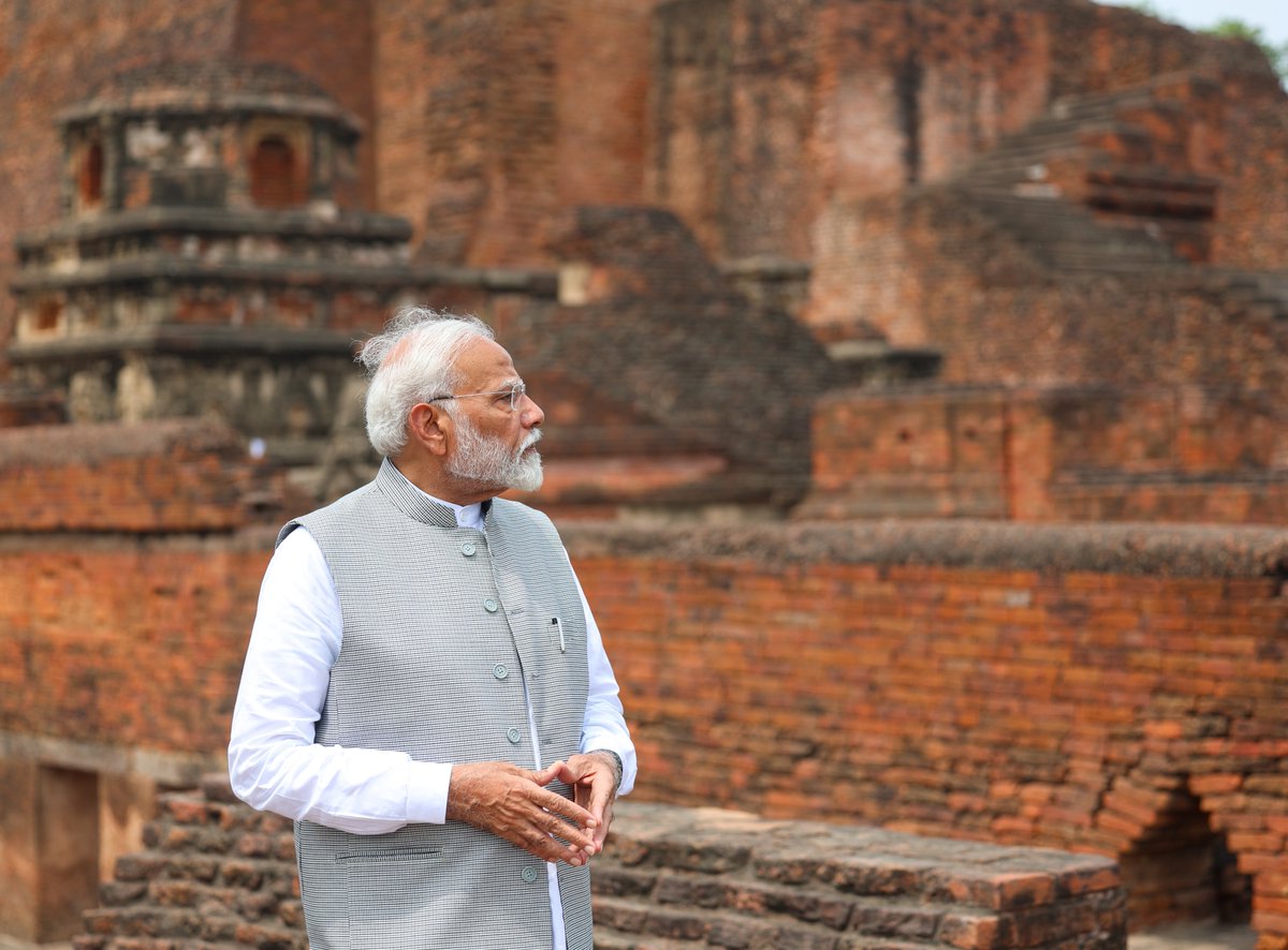 BJP4India's tweet photo. "Nalanda is more than just a name; it's a mantra, an identity, a declaration that books get destroyed in fires, knowledge persists..."

PM Shri @narendramodi visited the excavated remains of the Nalanda University in Bihar.

Visuals👇