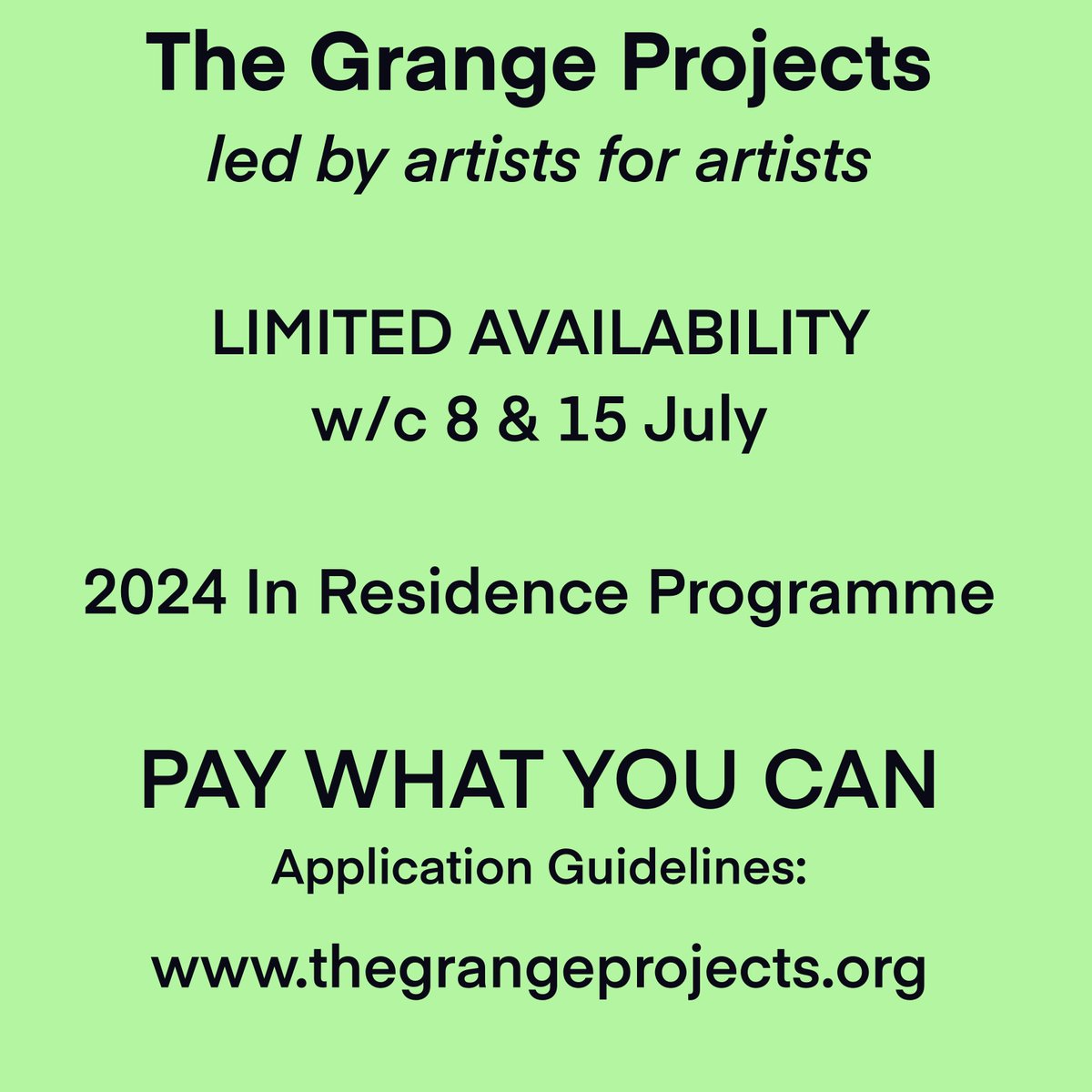 FINAL CALL The Grange Projects ‘PAY WHAT YOU CAN’ Artist Residencies
Limited Availability w/c 8 &amp; 15 July
thegrangeprojects.org/copy-of-applic…
#artistopencalls #artistresidency #artistresidencies #artistinresidence #ArtistResidency #ArtistResidencies #ArtistInResidence
