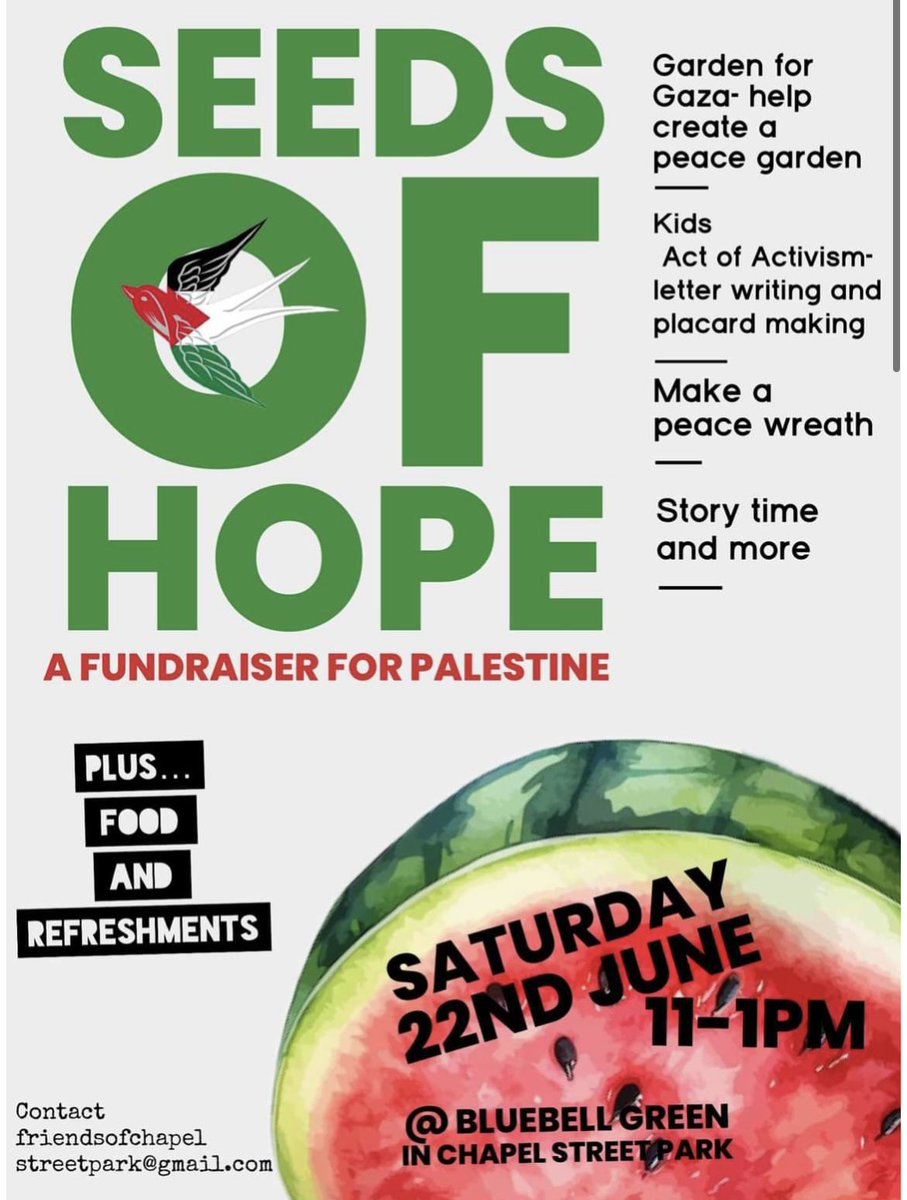 This Saturday 11-1 at Bluebell Green community garden on Chapel Street Park #Levenshulme - Seeds of Hope 🌱a fundraiser for Palestine.  

Help create a peace garden, make a peace wreath, kids storytime, and get involved with letter writing and placard making.