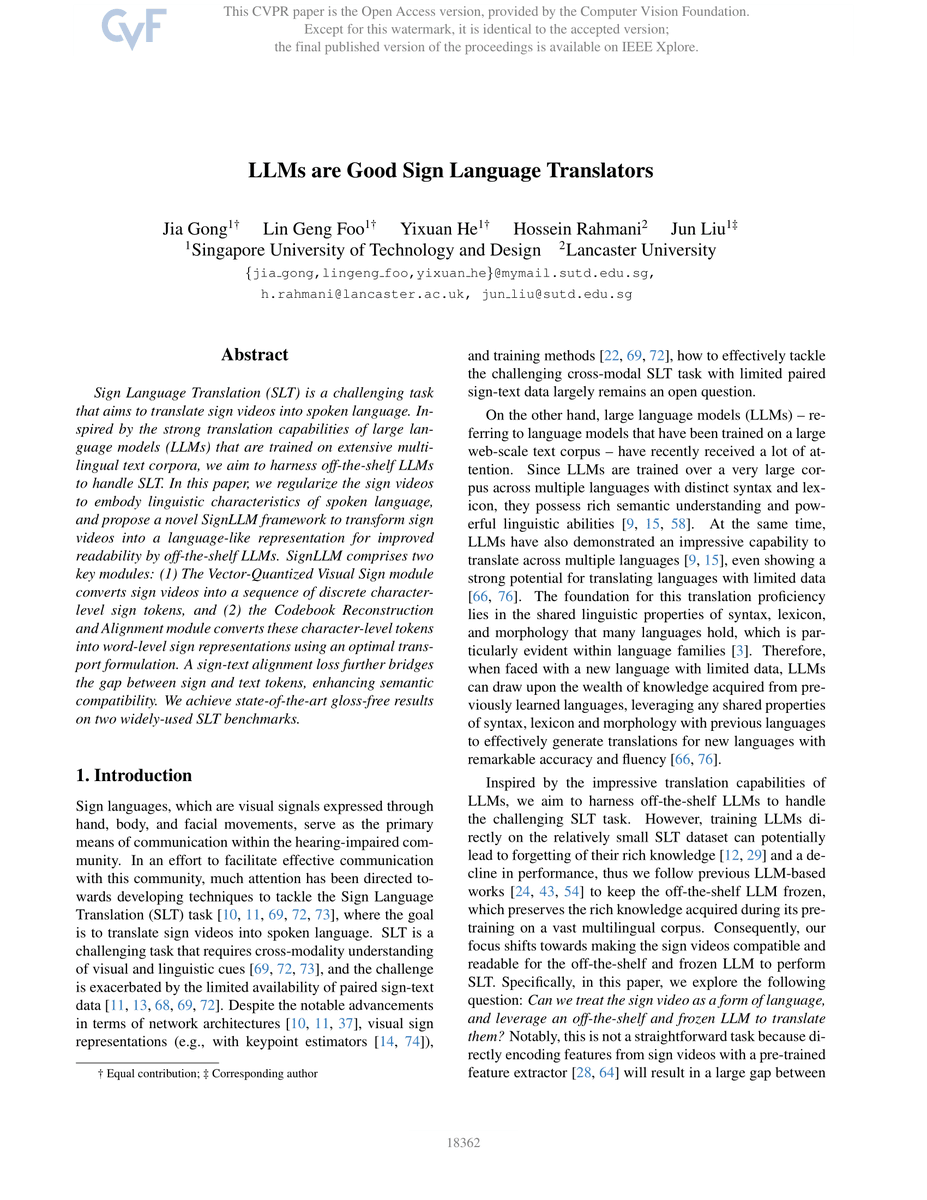 LinGengFoo's tweet photo. I’m thrilled to share that I’ll be presenting two posters at #CVPR2024: “Action Detection via an Image Diffusion Process”, “LLMs are Good Sign Language Translators”!  

I’ll be presenting during Thursday’s PM session. Poster IDs are: 362, 363. Please drop by if you’re attending! https://t.co/N4zOwsBEmF