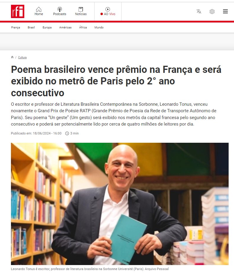 Ser lido por milhões de leitores todos os dias ? 
Um sonho para qualquer escritor. 

"O escritor e professor de Literatura Brasileira Contemporânea na Sorbonne, Leonardo Tonus, venceu novamente o Grand Prix de Poésie RATP" 

RFI - Brésil : 

rfi.my/AhiQ.W