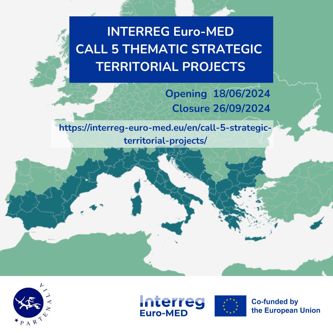 🌍✨ The Interreg Euro-MED Programme has launched its 5th call for Strategic Territorial Projects! Focus: a Smarter and Greener Mediterranean. 🌿💡
Total funding available: €35M 
Pre-application: June 18 - Sep 26, 2024 
More information: 
interreg-euro-med.eu/en/call-5-stra…

#Sustainability