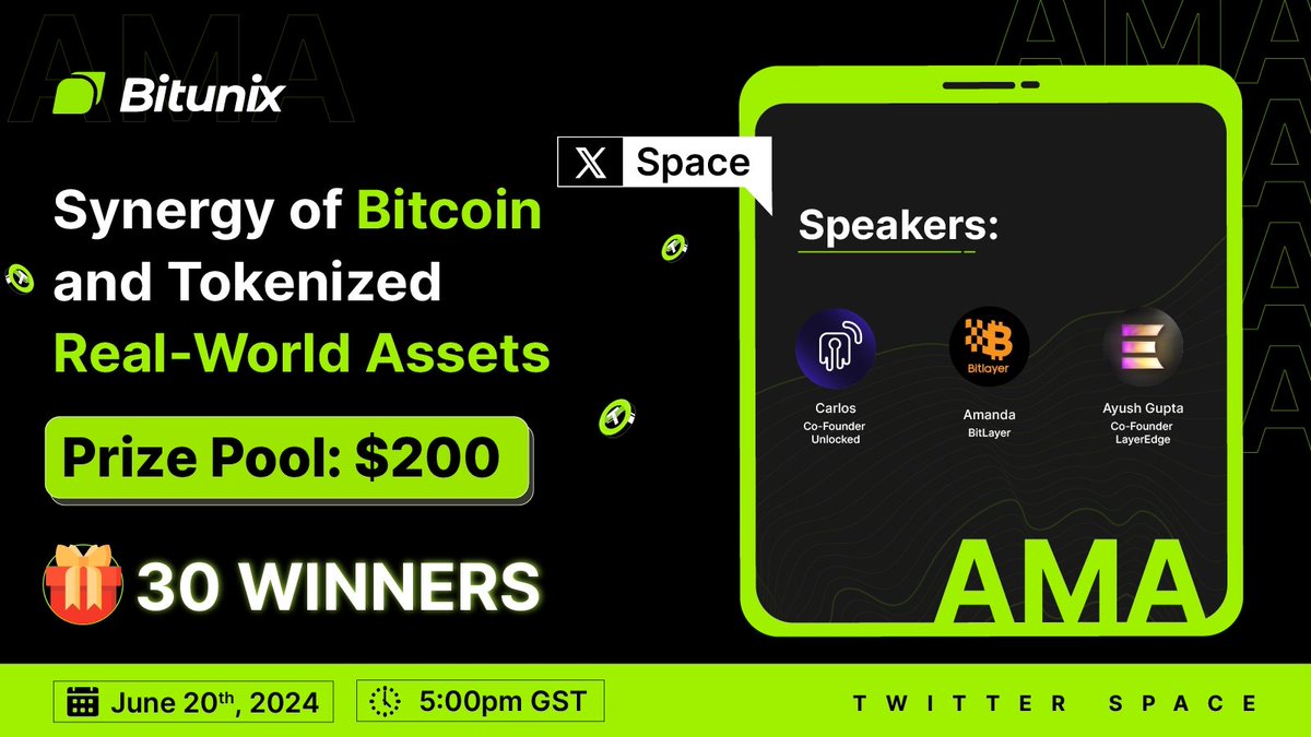 BitunixOfficial's tweet image. Join #Bitunix&apos;s X Space to get insights about the &apos;Synergy of Bitcoin and Tokenized Real-World Assets&apos;!! 

🔸Enter our $200 Giveaway, 30 winners: 

1️⃣ Follow @BitunixOfficial
2️⃣ RT with #BitunixAMA+ Tag 3 Friends 
3⃣ Set Reminder: x.com/i/spaces/1YpJk…
4️⃣ Answer the password…