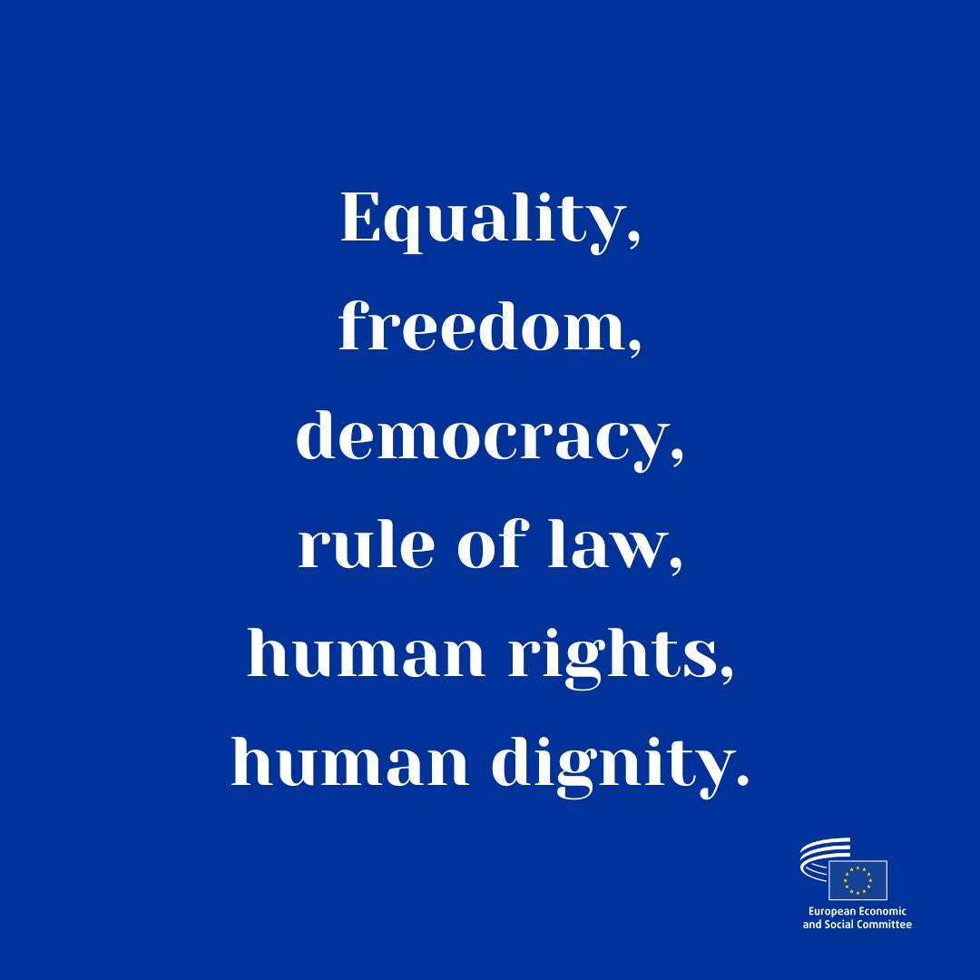 EU_EESC's tweet photo. We stand for the rule of law, human rights, equality, human dignity, freedom & democracy. 🇪🇺
The European Union’s values are the principles guiding our work.
Europe’s future and democratic resilience lies in giving a voice to European citizens.
#EUCivilSociety