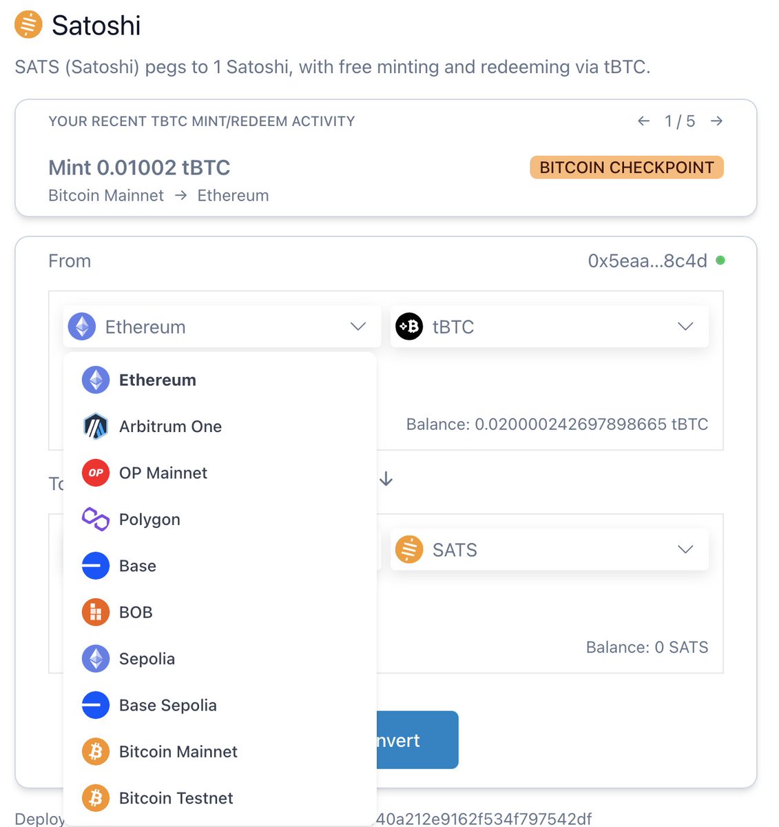 SATS_Satoshi's tweet photo. Live: 🌽🦄🍿🐐🌽

Bitcoin mainnet mint/redeem to $tBTC $BTC 
Power by tBTC.js SDK with decentralized threshold BTC custody on @TheTNetwork https://t.co/9QvtixBOi9