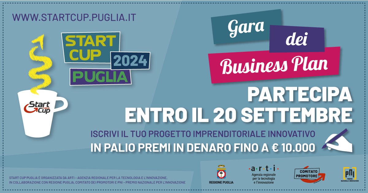 Partecipa alla #SCPUGLIA2024 e candida il tuo #BusinessPlan entro le ore 12 del prossimo 20 settembre. La #Finale di metà ottobre designerà i 4 vincitori cui andranno #Premi in denaro fino a 10mila euro startcup.puglia.it/invia-il-tuo-b… #startup #puglia #innovazione #tecnologia #impresa