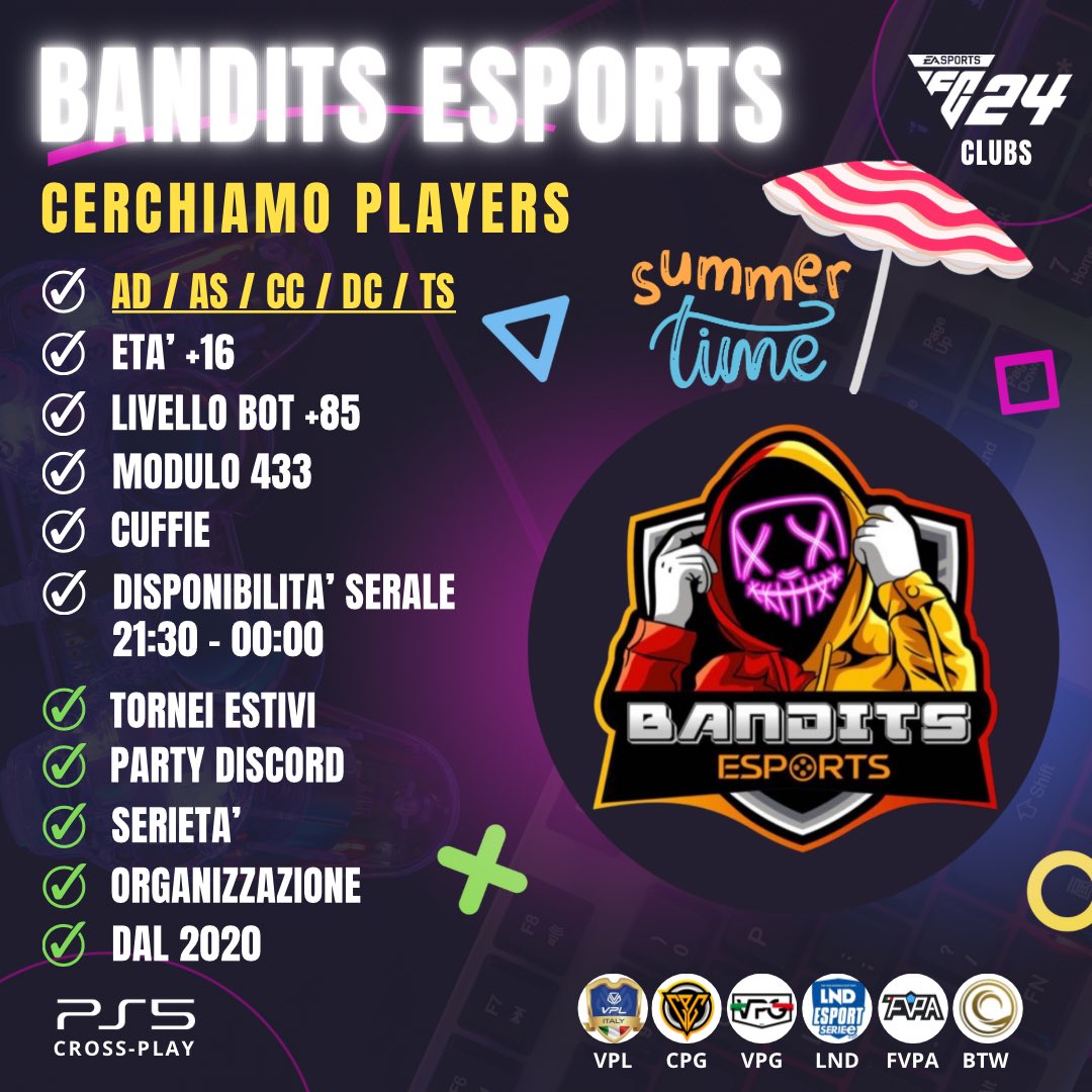 Bandits_Esport's tweet photo. 🏖️ Bandits Esports "Summer Time 2024"

🔎Cerchiamo Players mirati per la nuova stagione 2024/25;
AD / AS / CC / DC / TS

🕙 Da Lunedi al Giovedi, orario 21:30 - 0:00;

🎮 Tante competizioni, Tornei e Amichevoli !

Ti aspettiamo !
Seguici per avere ulteriori informazioni!

#forzabandits
@RT_NoLimits  @pctransfermarkt
@ProClubsRTweets @Tutto_ProClub @RTProClubs @vGamesRT @RTAllProClub