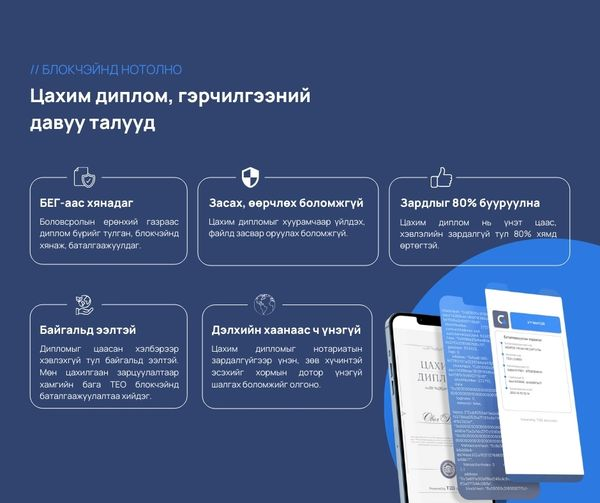 Блокчэйнд баталгаажсан  "Цахим диплом, гэрчилгээ" олгогч боловсролын байгууллагууд: certify.mn/partners
Цахим диплом татаж авах заавар: youtube.com/watch?v=_e9pNu…