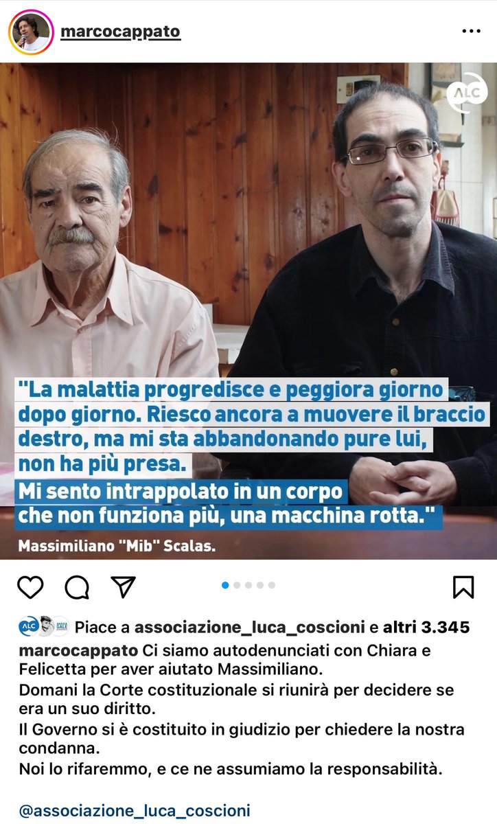 Costruire un diritto, un pezzetto per volta. Rischiando, dalla parte giusta. 
Oggi la Corte Costituzionale si pronuncia sull’aiuto che <a href="/marcocappato/">Marco Cappato</a> 3 <a href="/chiaralalli/">Chiara Lalli</a> hanno offerto a #Massimiliano l’8 dicembre 2022. 
La politica intanto continua a non legiferare sul fine vita