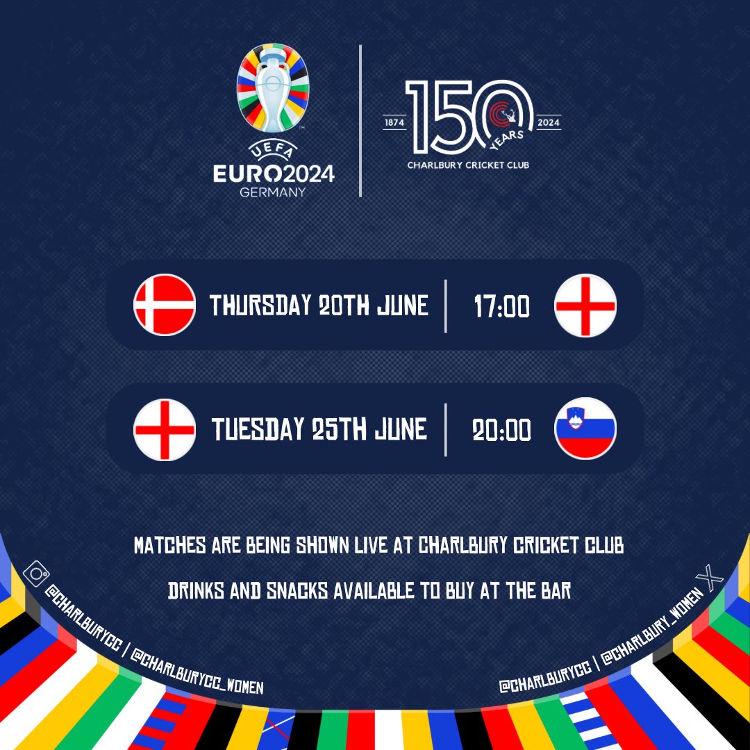 Join us this Thursday and next Tuesday to watch the Euros!! 🏆⚽️

We’ll be showing the 🇩🇰 vs 🏴󠁧󠁢󠁥󠁮󠁧󠁿 game on Thursday, followed by the 🏴󠁧󠁢󠁥󠁮󠁧󠁿 vs 🇸🇮 match on Tuesday!!

🕗 KO 17:00 (Thurs) &amp; 20:00 (Tues)
📺 Shown live at CCC on the big screen
🍻 Drinks &amp; snacks available to buy at the bar